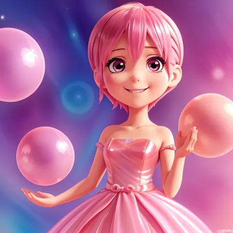 ichika nakano, short pink shiny hair, dynamic pose, soft expressive face,, sweet face, smile, iridescent, ((ballgown iridescent)...