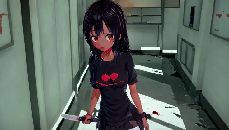 1 girl.dark skin, holding a knife, yandere look, hearts in the eyes, yandere, psychopathic look, dark environment, school, corridor, dark corridor. corridor with closets, blood in the corridor, broken windows, old environment.
