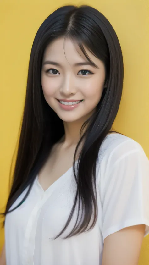 ((1 person))，hostess face、smile、30 years old、black hair、straight hair、white shirt、married woman，high quality、Super realistic、日本人のmarried woman、 perfect eyes、Shining beautiful skin、pastel yellow wall，From the side、just the face、on the neck