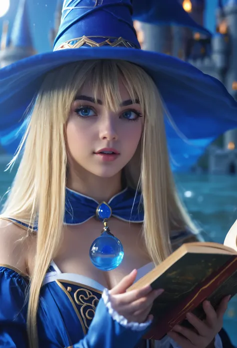 dark magician girl, masterpiece, best quality, (1girl), solo, (water), long hair, blonde hair, blue headwear, wizard hat, spell casting, castle, castle:2, motion blur, book, magic, (moonlight:1.2), chromatic aberration, depth of field, soft lighting, highl...