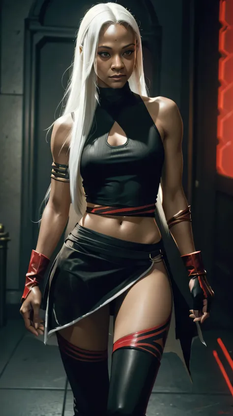 ((z03saldana)) as Jataaka from Mortal Kombat, ((long white hair)), (black loincloth skirt with red lines), (black sleeveless fit top with red lines), (black fit leggings), (high heels), gloves, accessories, make-up, seductive, sexy, hot, sultry, shapely, i...