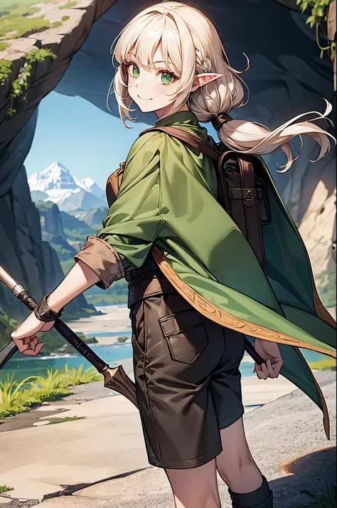 (((((girl))))), masterpiece, ultra detailed, 8K Portrait, Raw photo, womans portrait photography, full body, Highly detailed smile face, ((Fantasy)), (((hobbit))), ((Adult)), 45 years old, 110cm, (((cave explorer))), ((white skin)), greenish blond twin tai...