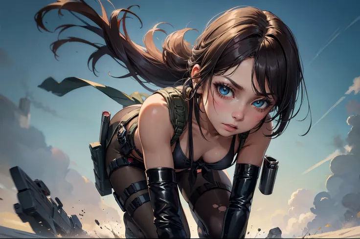 (masterpiece, best quality:1.2), expressive eyes, perfect face, highres, 1 girl, solo, quietmetalgear, ponytail, makeup, eyeshadow, bikini, front-tie top, suspenders, gloves, single elbow glove, thigh holster, torn pantyhose, all fours, looking at the view...