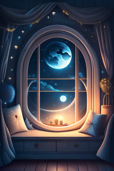 a cozy room at night, moonlight shining through the window, detailed illustration, cartoons