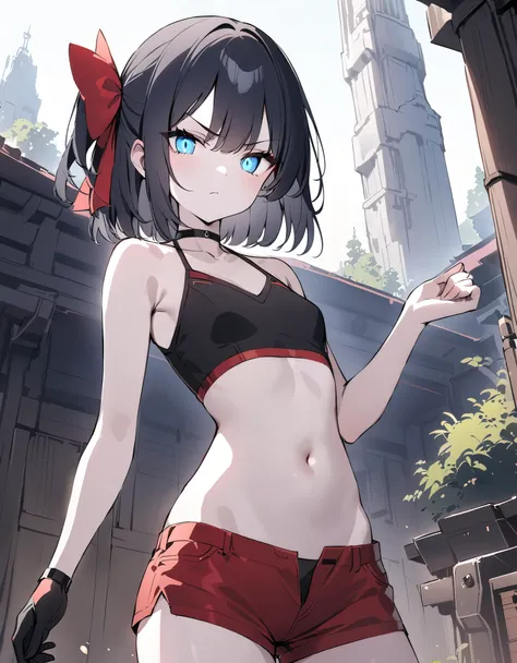 detailed, (masterpiece:1.2), (pale_skin:1.2), (solo:1.2), (female), slender, (glowing_eyes), short hair, blue eyes, black hair, gloves, bow, navel, bare shoulders, closed mouth, standing, collarbone, hair bow, cowboy shot, outdoors, shorts, sleeveless, cho...