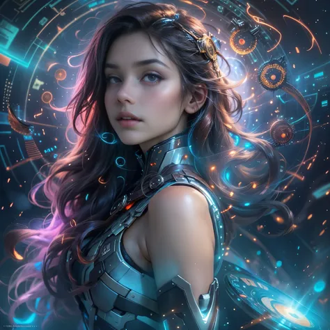 (highest quality,4k,8K,High resolution,masterpiece:1.2),Super detailed,(realistic,photorealistic,photo-realistic:1.37),Equipped with time travel device, time leap, beautiful girl, A stunning depiction of time and space, retro futuristic costumes, mysteriou...