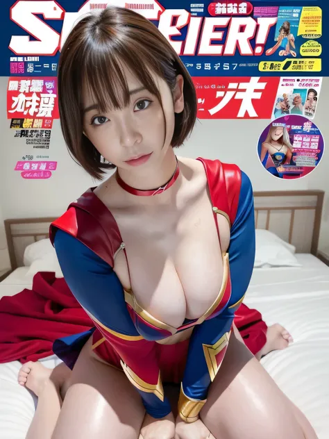 masterpiece、supergirl costume、short hair、barefoot、big and full breasts、Rest rooms、crazy about masturbating in bed、sexy pose、athlete、shiny、looking at camera、Seduce、choker、long sleeve、red mini skirt、Weekly magazine cover、Sculpture Magazines、sweaty、radical、