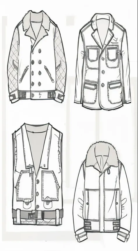 Line drawings of four different jackets with different pockets, Detailed clothes, High detail of clothing, 细致的clothing, clothing设计, Very detailed and rich costumes, fashion reference sheet, clothes high detail, high quality sketch, Technical drawings, clot...