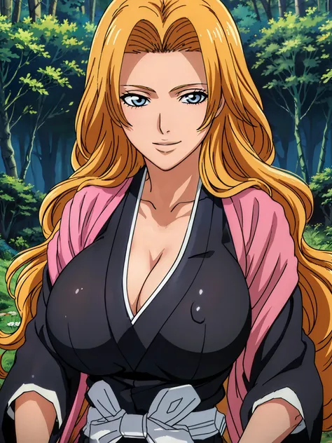 ninja outfit, (forest background), matsumoto rangiku, takeda hiromitsu style, anime cels style, best quality, high resolution, (huge breasts:1.3), cowboy shot, (potrait body), blush, smiling, blue eyes, Blonde hair, bangs,Long_hair, 1 girl, looking at view...