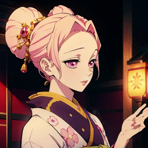 "estilo kimetsu no yaiba, depicts a single geisha in a splendid kimono, radiating beauty and elegance with beautiful light pink hair, capturing the essence of a graceful, confident modest courtesan, apaixonado, chamativo e cheio de energia."