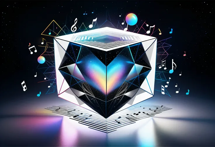 (Floating holographic hexahedral box luminous object 3D:1.3), (stunning holographic rendering:1.3), Let&#39;s create the wonderful music box of the future, Floating on the floor that glows dimly with gradation, (((The note is、Painted to give the impression...