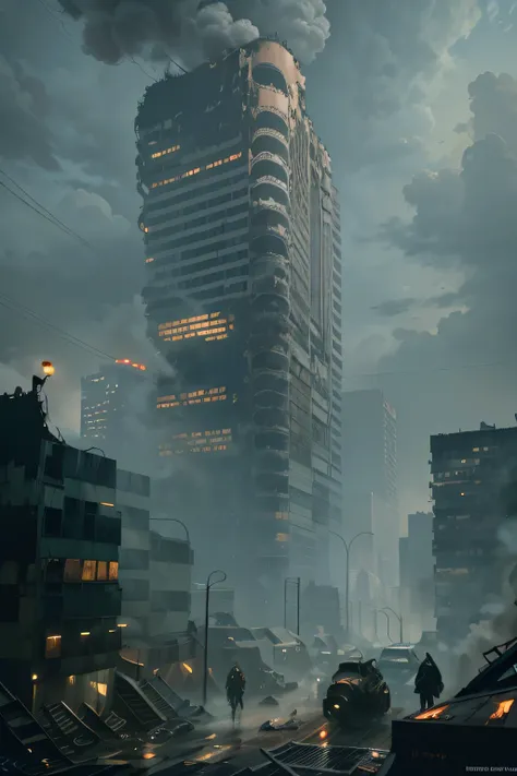 Cinematic post-apocalyptic city, tall crumbling concrete skyscrapers belching smoke, dilapidated buildings, viadutos de concreto atravessando a cidade, undergrowth growing on buildings, estilo abandonado; imagem tirada a 200 metros de altura, a woman in a ...