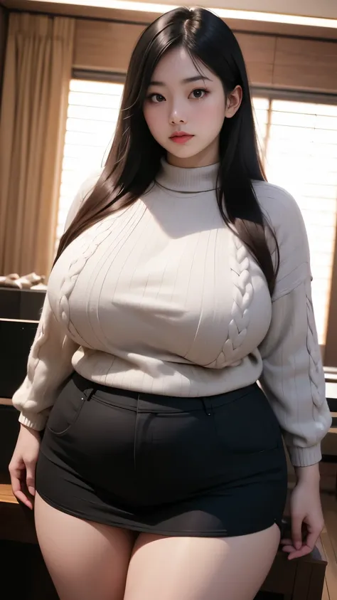 (Best quality,8k,ultra high res:1.2),(Pretty Japanese girl),(Huge breasts:0.8),(sweater), (thick thighs:0.9), (obese body), (black room:1)