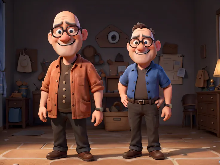 ((animation character)) A 50-year-old bald man with an exaggerated comical expression, wearing black glasses and a blue t-shirt, stands in front of the camera with a peculiar smile on his face. Your hands are tightly holding the intricate tripod, and your ...