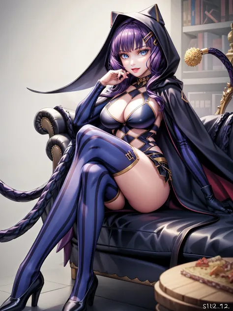 perfect eyes:1.2, detailed eyes:1.4, realistic:1.4, hair, shaded face, purple hair, hair over shoulder, robe, cape, fringe, tentacles, argyle, checkered, clothing cutout, stripedthighhighs, black and blue vertical striped thighhighs, makeup, lipstick, hood...