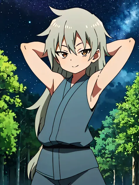 kunoichi_oniyuri, brown eyes, gray hair, long hair, japanese clothes, anime, closed mouth, solo, cowboy shot, night sky, forest, arms behind head, contrapposto, shy smile, spread armpits, shy smile, high quality, 