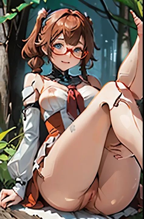 A Female robot is sleeping in forest, spread legs, nude, banzai pose. she wears no dress. She Brown short hair is tied with two big red clothespins, She lifts up the under hem of her white plain dress, leaning over, masterpiece, very short pigtails,brown h...