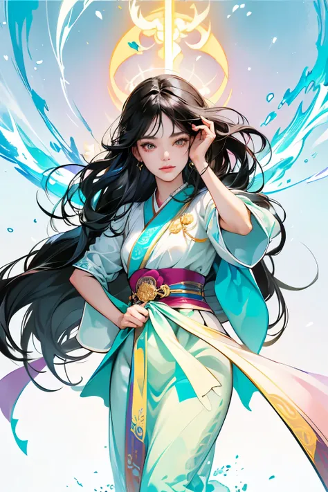 Best quality at best, ultra high resolution, (((1 girl))),(Long black hair), game fairy, Hanfu, Yarn, Flowing light yarn, jewelry, (focal), (((Colorful))), particle fx , tmasterpiece, Best quality at best, beautiful painted, meticuloso, highly detailed, (t...