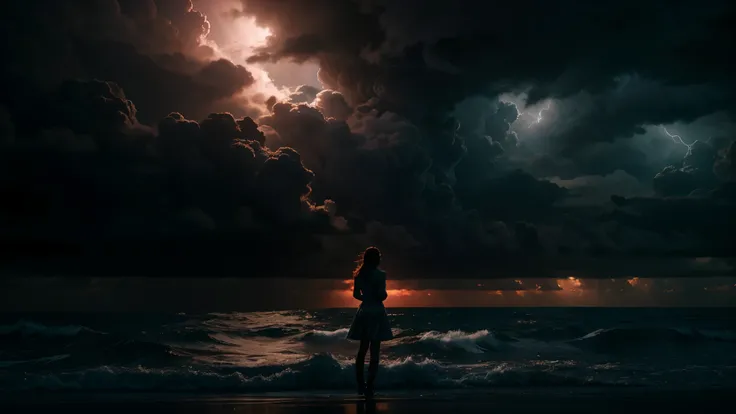 beautiful woman standing far away in a storm at an ocean, sci fi clouds, cinematic view, masterpiece, best quality, high quality, extremely detailed CG unit 8k wallpaper, award winning photography, Bokeh, Depth of Field, HDR, bloom, Chromatic aberration, p...