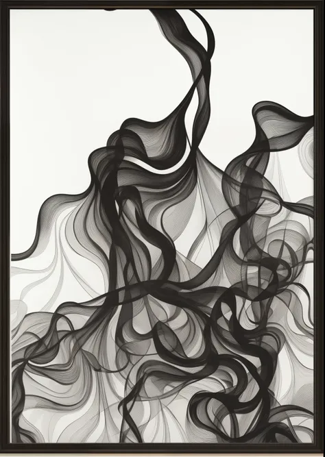 two preto and white abstract paintings of smoke in a preto frame, preto and arte brancawork, arte de linha generativa, preto & a...