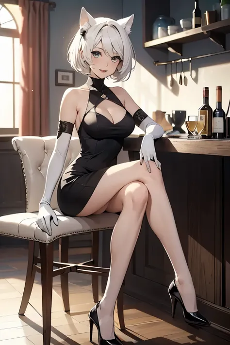 table top　High level image quality　best image quality　8K　 adult woman　portrait　white long gloves（elbow gloves）　bare legs　black dress（Tube top）　white wolf ears　short hair（（shortcut）（pure white hair）（perm）（fluffy））　eye color is blue　attractive face（（laughter...