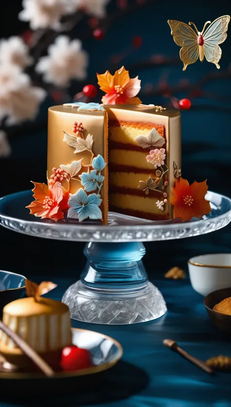 （Crystal cake on crystal clear blue bone china plate）, （Cup cake：1.37），（The cake is cut into parts:1.0） Translucent brioche，It comes in soft brown and light tones, Reminiscent of Chinese landscape painting.dark background, Served beautifully on a beautiful...