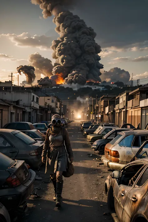 Cinematic post-apocalyptic city, alto, crumbling concrete cylindrical skyscrapers belching smoke, dilapidated buildings, viadutos de concreto atravessando a cidade, undergrowth growing on buildings, estilo abandonado; imagem tirada a 200 metros de altura, ...