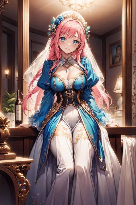 (best quality, high resolution, textured skin, high quality, high detail,Extremely detailed CG Unity),teenage girl，Obsessed，divine happiness，in love，(light victorian dress:1.2)，pink hair，blue eyes，(Fabric headwear minimalism，Multi-layered delicate ruffles，...