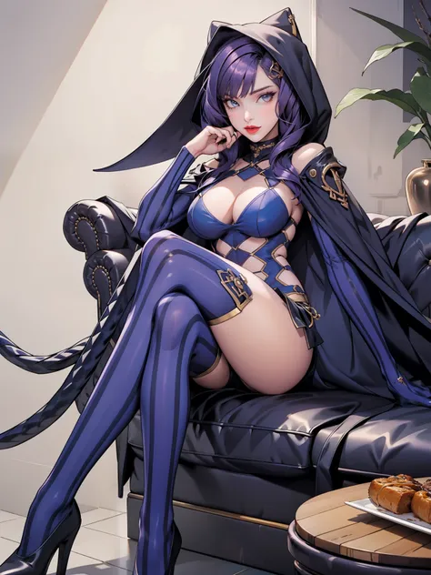 perfect eyes:1.2, detailed eyes:1.4, realistic:1.4, hair, shaded face, purple hair, hair over shoulder, robe, cape, fringe, tentacles, argyle, checkered, clothing cutout, stripedthighhighs, black and blue vertical striped thighhighs, makeup, lipstick, hood...