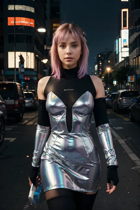 Urban Unicorn Against Cybernetic Canyons: A figure emerges from the hustle of an ultra-modern cityscape, wearing an iridescent shift dress that changes color under different light sources. Its form-fitted and shimmers as she walks, reflecting the colorful ...