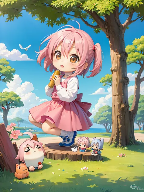 akira toriyama style, Kawaii Design, cutest girl ever、(((Chibi)))、beautiful spring afternoon、birdie、Look up at the sky and take a deep breath