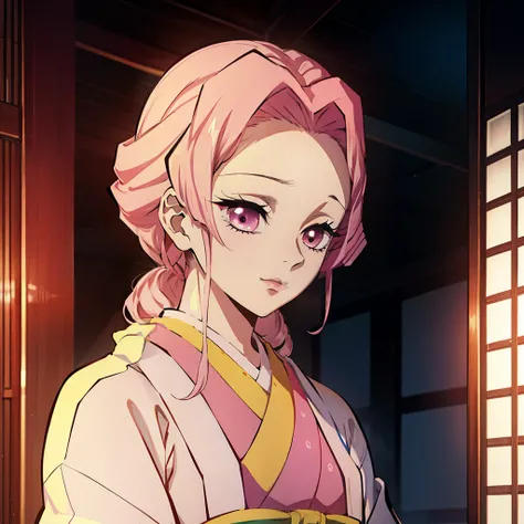 "estilo kimetsu no yaiba, depicts a single geisha in a splendid kimono, radiating beauty and elegance with beautiful light pink hair, capturing the essence of a graceful, confident modest courtesan, apaixonado, chamativo e cheio de energia."