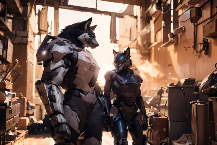 ((a wolf wearing a mecha combat suit carrying a rifle while searching a factory)), futuristic battle, masterpiece, best, photo realistic, anthro wolf in a combat suit in combat carrying a rifle