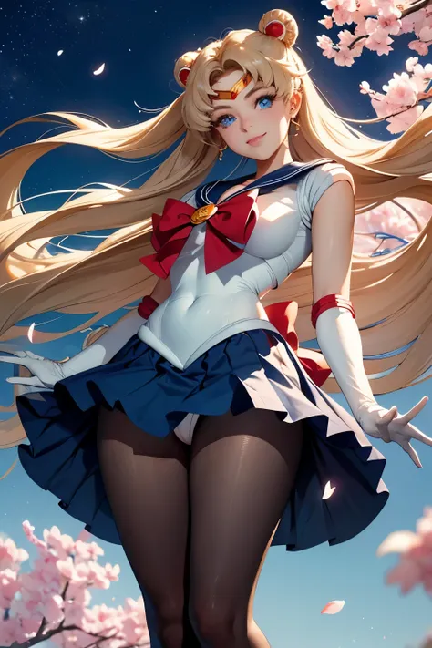 (((NSFW,seductive smile,view under the skirt angle perspective from below, seeing from the perspective pantyhose, cameltoe))),sailor moon, usagi, solo, flower,  water, petals, outdoors, from side, cherry blossoms,   long sleeves, full body,(masterpiece), b...