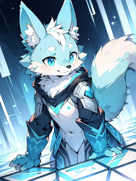 Rystal, Star Fox, Male, (A detailed), fluffly, Solo, , fotorealistisch, ((clear structural details)), Meticulous and realistic, detailed eyes, (Turquoise blue pupils), ((Silvery-white glowing eyes)), Evil smile, Smile, slenderness, soft, 4K, Excellent qual...