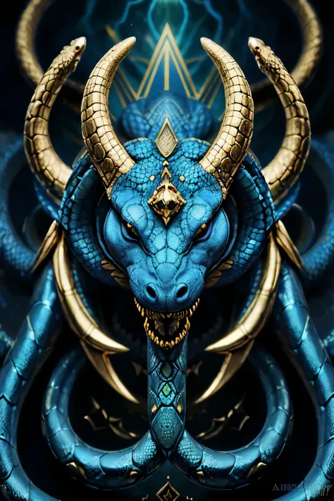 a close up of a blue dragon with a gold triangle, qliphoth, portrait of a sacred serpent, leviathan cross, ultra detailed symbolism, crown of snakes, queen of snakes, ouroboros, blue and yellow pythons intwined, anubis-reptilian, high detailed official art...