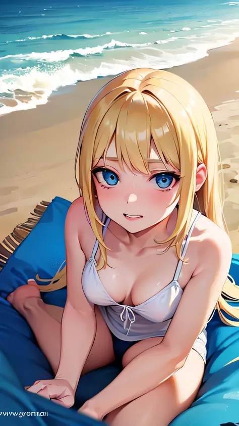 Blonde teenage woman with blue eyes enjoying on the beach looking at you .