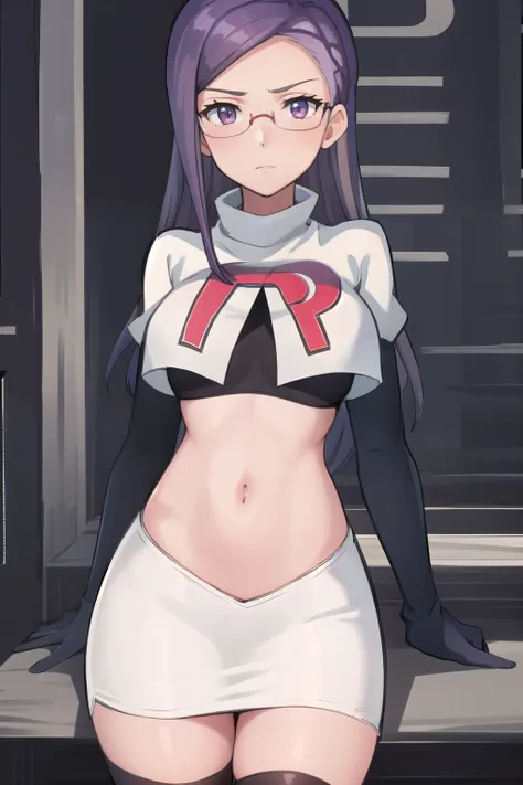 best quality, (masterpiece:1.2), illustration, absurdres, anime,
(1girl, solo), (beautiful detailed girl),
Ada Grant, purple hair, long hair, medium breasts,
glasses, team rocket,team rocket uniform, red letter R, white skirt,white crop top,black thigh-hig...