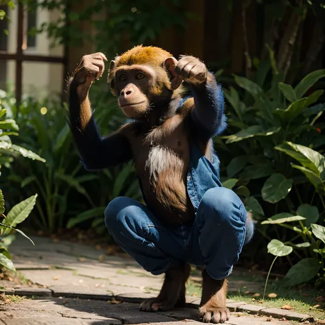 monkey dancing with a blue ladybug