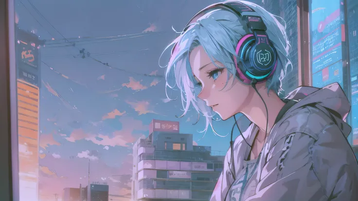 Room on the top floor of a skyscraper　Woman operating a computer、sit on a chair　blue hair、blue eyed girl、The blue sky spreads out from the large windows、Profile of a woman looking out the window。woman is wearing headphones 4k, sad,、Bowater&#39;s art style、...