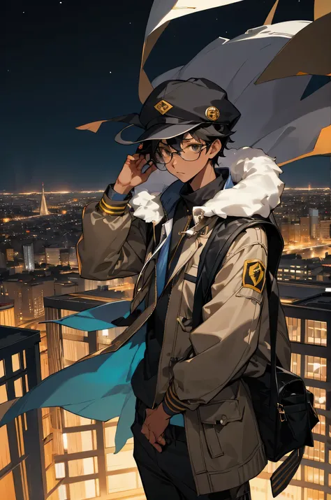 1male,young adult, Black hair, african american, glasses, hat on head, city night background,jet jacket, school bag.