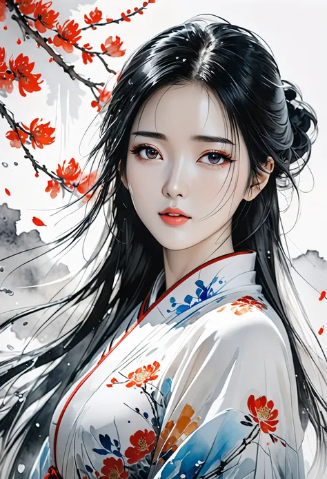 Illustration style, award winning art, Traditional Chinese painting style, Ink wash painting style, Flowing brushstrokes, by Agnes Cecile, Rich in layers, Classical Chinese maiden painting, The perfect fusion of modern art and traditional Chinese painting,...