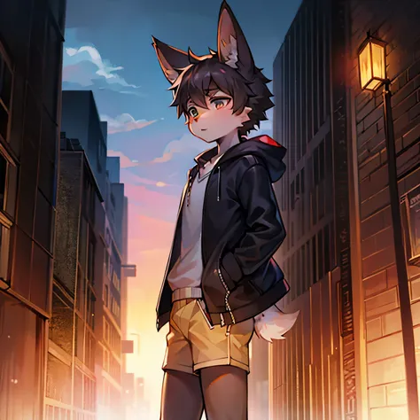 bunny boy，bunny ears，male focus，furry men，Characteristics of a three-year-old boy，short stature，Short sleeves with jacket，shorts，Standing posture，city bright