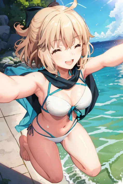 masterpiece, best quality,extremely detailed CG unity 8k wallpaper,
1girl,okita souji (fate), swimsuit,bikini,
 smile,open_mouth,dynamic_jumping,sunlight,splash_of_water,happy,closed_eyes,selfie