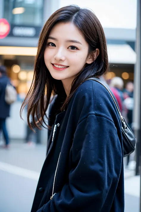 (masterpiece, highest quality, beautiful girl, cute face:1.2), (Eyebrows and smiles when you are in trouble, upward glance:1.2), 8K, official art, Raw photo, disorganized, Wear warm clothes to go out on the town in the cold season, view audience, thin, tee...