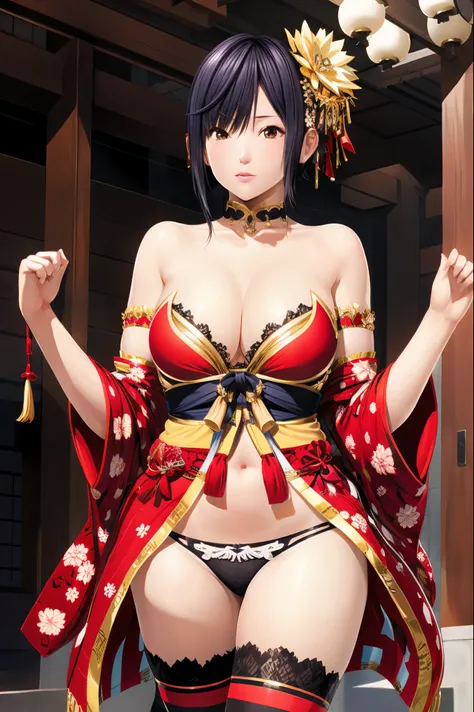 nagisa, courtesan outfit, kimono, thighhighs, japanese hair ornaments, bare shoulders