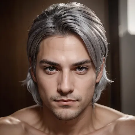 Crea a una persona masculina con un rostro inexpresivo, silver hair and slanted crimson eyes.