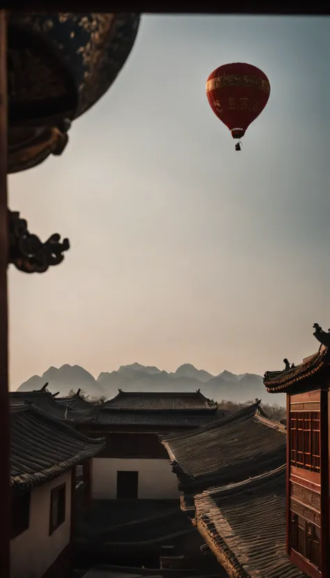 Streets in Beijing, Qing Dynasty, China，afternoon time，The sky is clear，There is a hot air balloon floating at the height of the roof in the close shot，overlooking angle，looking down from above，There is a child sitting in the basket of a hot air balloon