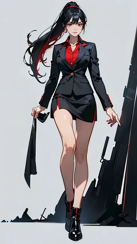 ((masterpiece,best quality,8k,highres)),((character concept art)), 1 female, adult woman, secret agent, 175 cm height, long straight hair, straight ponytail, flat hair bangs (black hair colour), ultra finely detailed eyes (red eyes colour), extraordinary g...