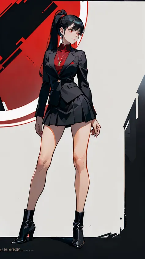 ((masterpiece,best quality,8k,highres)),((character concept art)), 1 female, adult woman, secret agent, 175 cm height, long straight hair, straight ponytail, flat hair bangs (black hair colour), ultra finely detailed eyes (red eyes colour), extraordinary g...